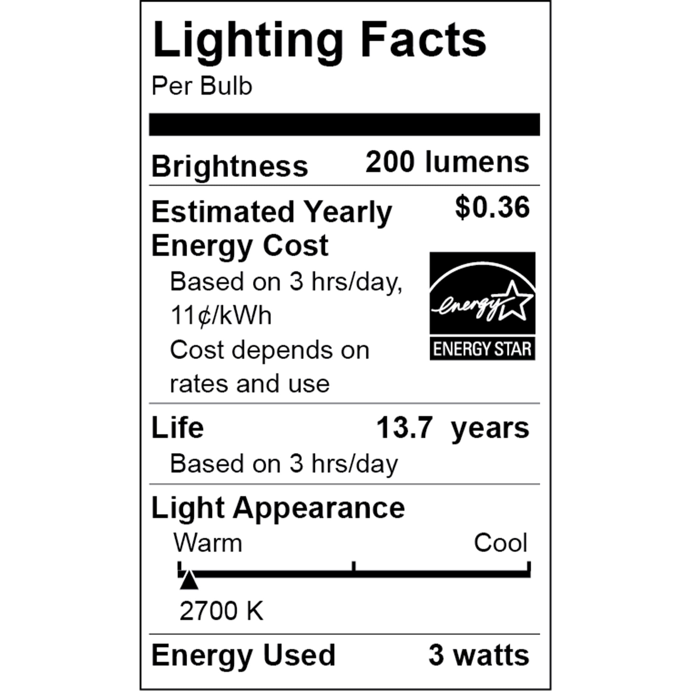 (4 pack) Great Value LED Light Bulb, 3 Watts (25W Equivalent) B10 Deco Lamp E12 Candelabra Base, Dimmable, Soft White, 4-Pack