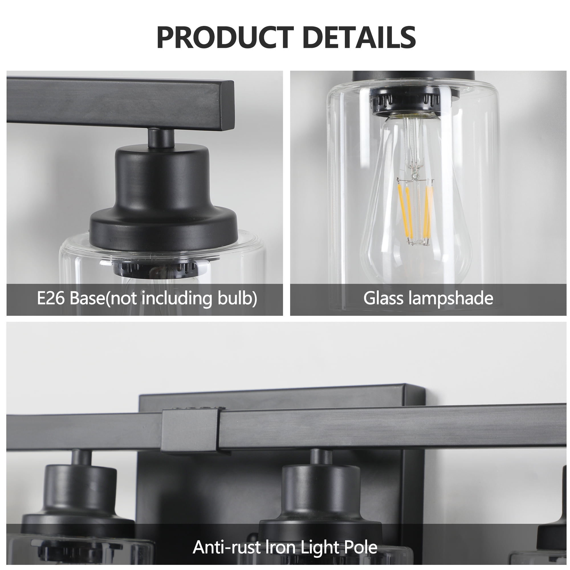 Leumius Modern Black 6-Light Bathroom Vanity Light Fixture, Industrial Wall Sconce with Clear Glass Shades for Mirror, Bathroom, Bedroom and Hallway (No Bulbs)