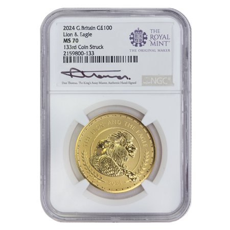 Great Britain 2024 £100 Gold Lion & Eagle Coin NGC MS70 133rd Coin Struck Thomas Label