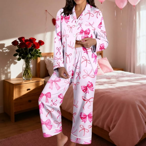 Valentine's Day Pajamas Sets Women Cute Pink Heart Print Pjs Sets Shirt Top Pants 2 Piece Sets Sleepwear Pink L