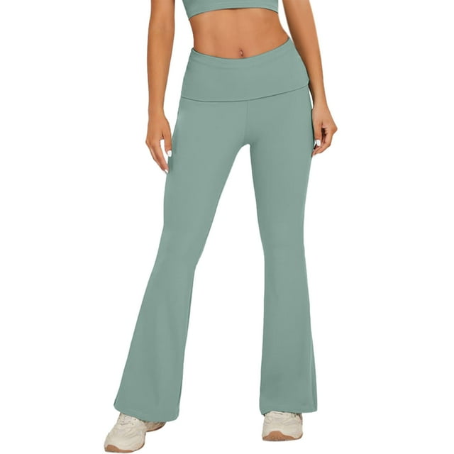 Pantalones de yoga anchos para mujer: leggings acampanados, diseño de cintura alta con vuelta, tejido de nailon y spandex, para ocasiones informales y cotidianas
