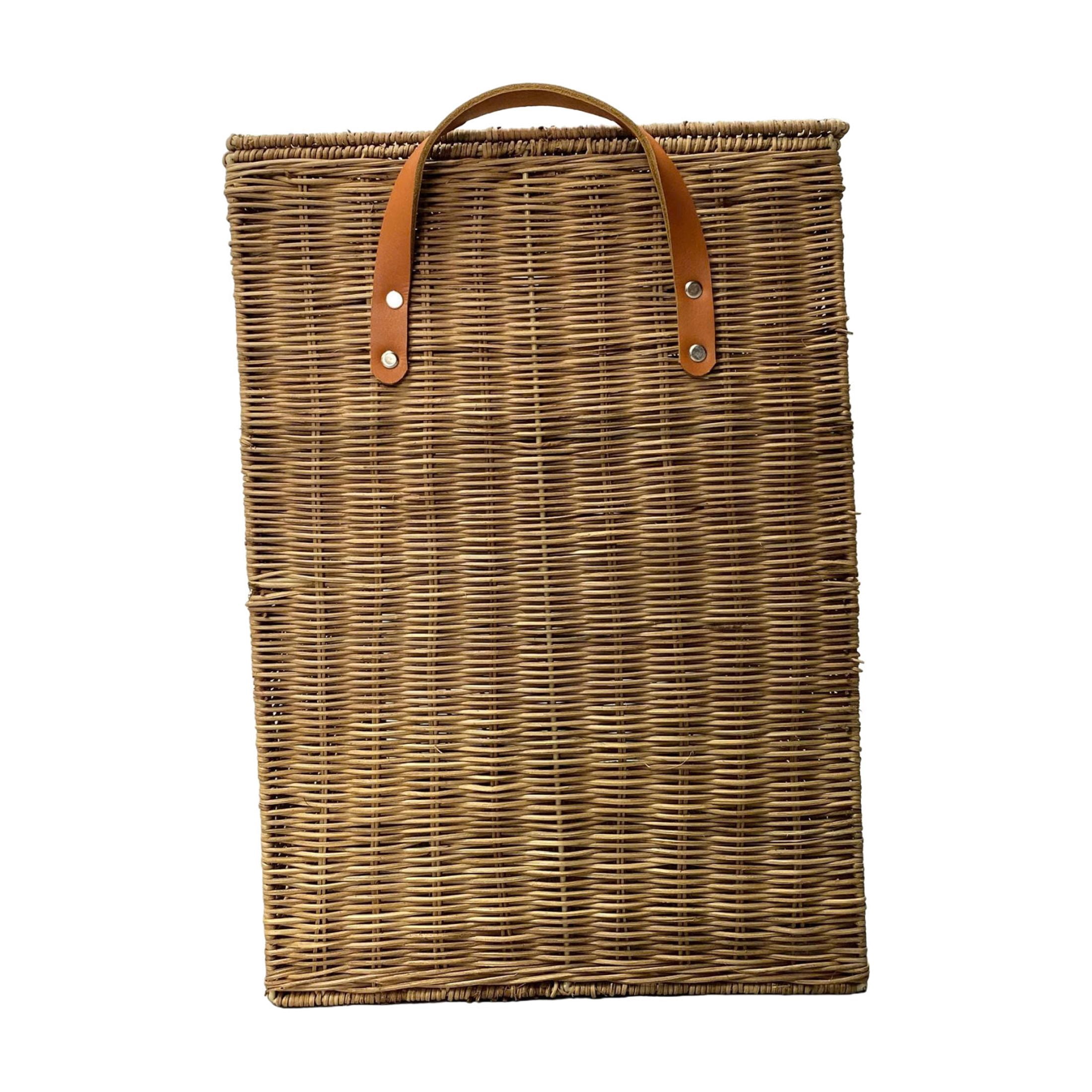 DecMode 20" x 21" Brown Rattan Handmade Woven Storage Basket with Leather Handles, 1-Piece