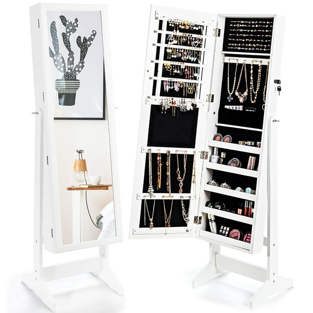 Costway Jewelry Cabinet Stand Mirror Armoire Lockable Organizer Large Storage Box White