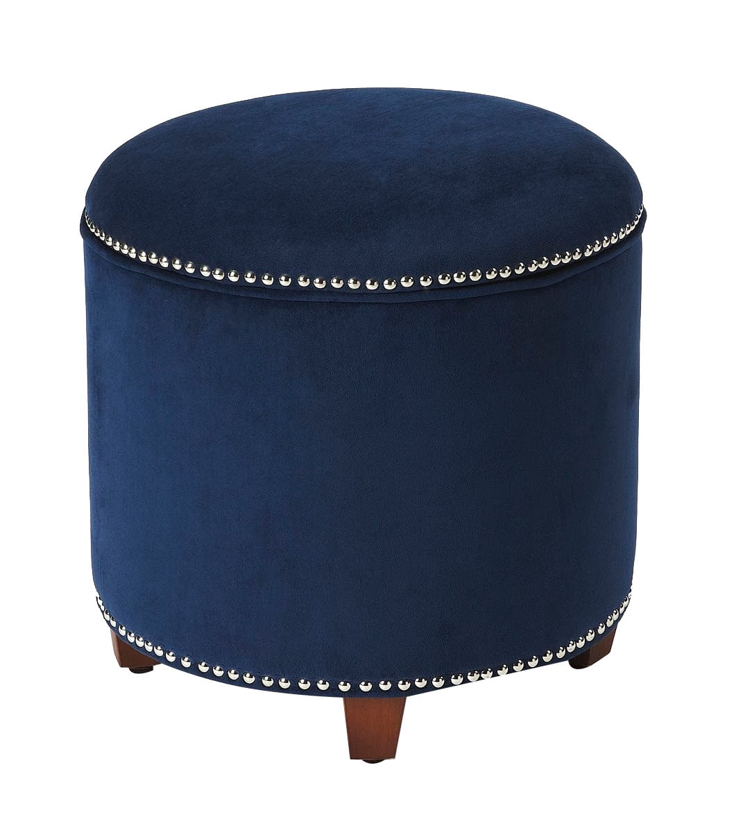 Offex Transitional Blue Velvet Round Storage Ottoman