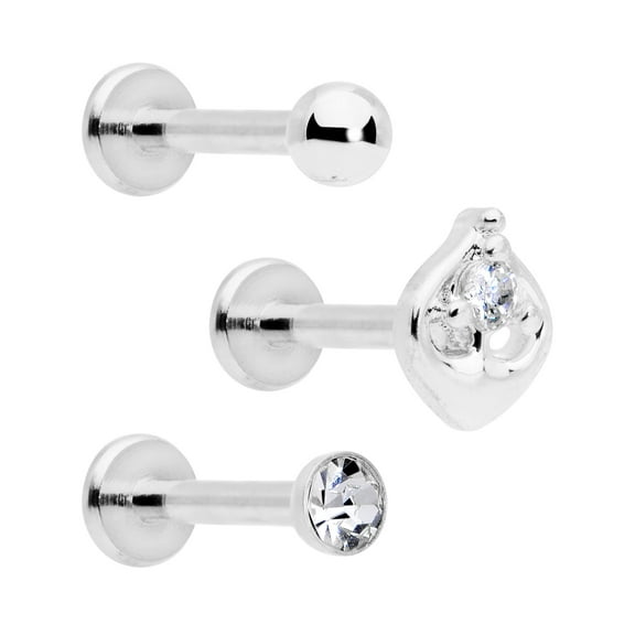 Body Candy 3Pc 16G 316L Steel Clear Accent Internally Threaded Labret Monroe Lip Ring Tragus Set 5/16"