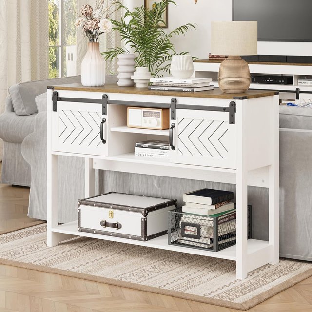 RoyalCraft Table Console d'Entrée de Ferme avec Étagères de Rangement, Blanc et Chêne