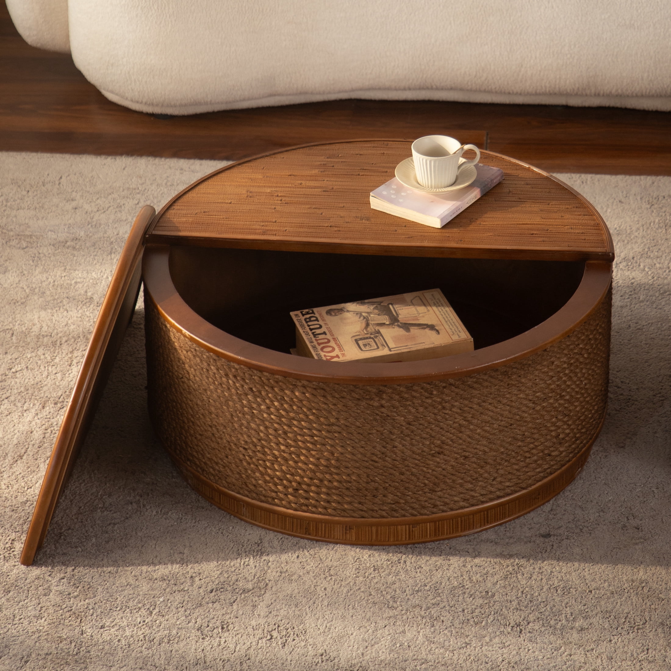 Noble House 31" Round Rattan Storage Coffee Table with Lift-Off Lid and Hand-Woven Rope Trim, Boho-Chic, Natural Wood