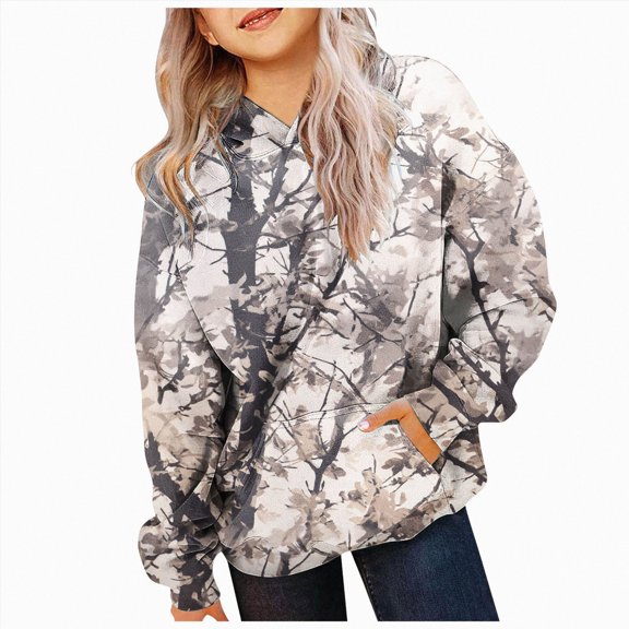 BOBOGOJP Camo Hoodie Kids Cute Hoodies Maple Leaf Print Oversized Drop Shoulder Fleece Hooded Sweatshirt Pullover With Pocket (White, 4-5)