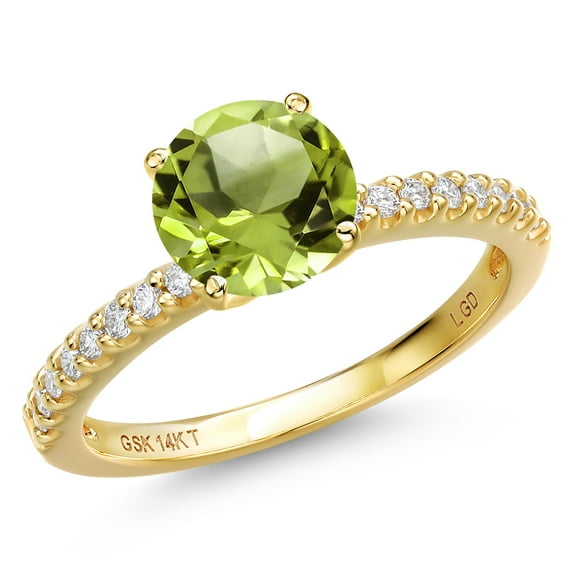 Gem Stone King 14K Yellow Gold Green Peridot and Lab Grown Diamond Engagement Ring for Women | 2.23 Cttw | Round 8MM | Gemstone August Birthstone | Size 6