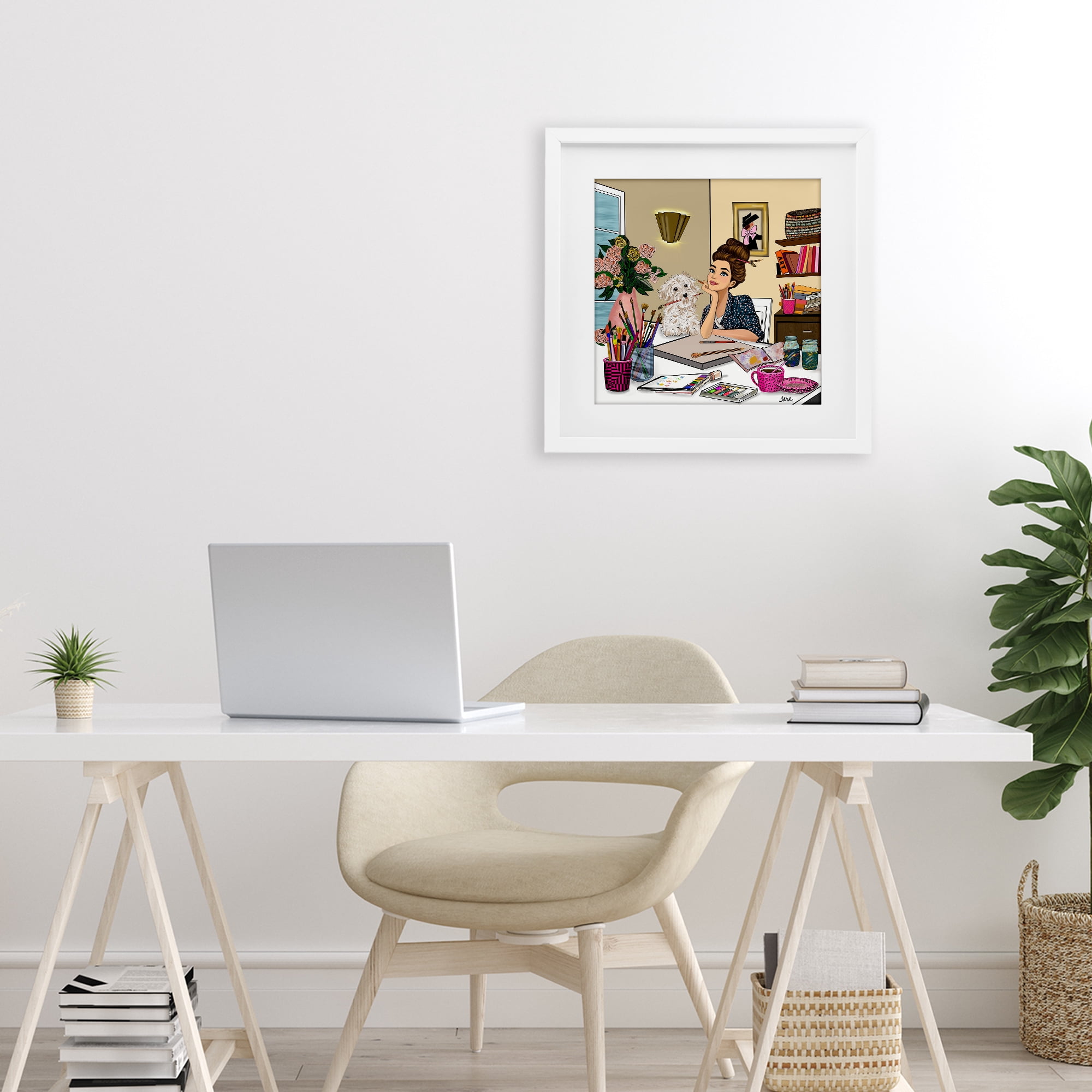 Stupell Industries Creative Art Girl at Desk White Framed Print Under Glass, design by Tara Boone