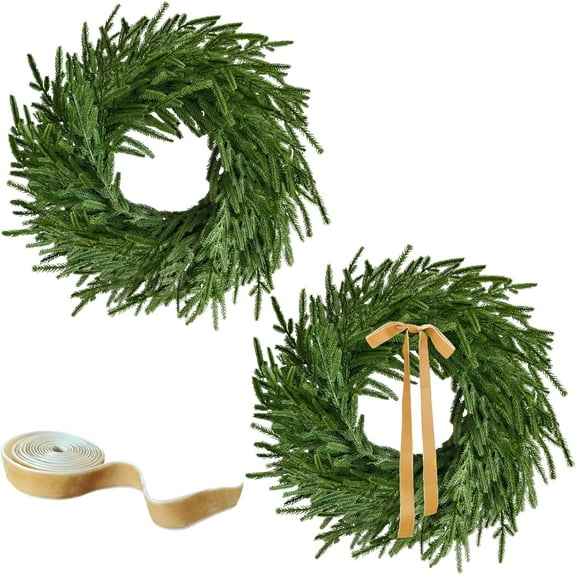24 Inch Norfolk Pine Wreath with Lights & Bow, 2 Pcs Real Touch Plants Green Christmas Wreath with 5m Velvet Ribbon,Christmas Decor for Front Door Mantel Wall