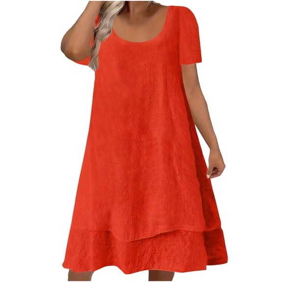 cocolona Womens Plus Size Summer Casual Solid Color Midi Dress Crew Neck Short Sleeve Ruffle Flowy Vacation Beach Sun Dress