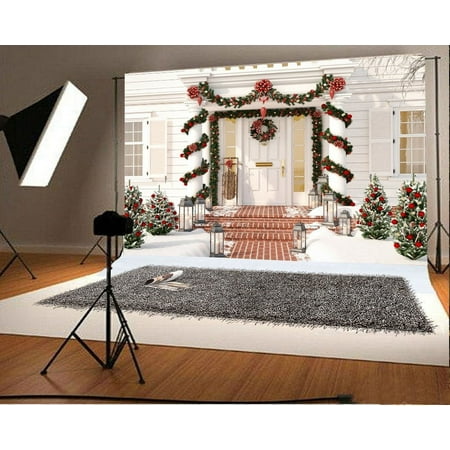 Image of GreenDecor Christmas Backdrop 7x5ft Photography Backdrop Xmas Trees Decoration Wreath Winter Snowman Candles Wooden Wall Lights Festival Celebration C