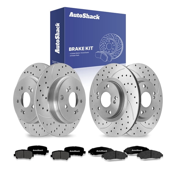 AutoShack Front Vented & Rear Solid Drilled & Slotted Coated Brake Rotors Silver Matte Finish   Premium Ceramic Pads 12-PC Brake Kit Replacement for 2009-2015 Honda Pilot TurboGuard