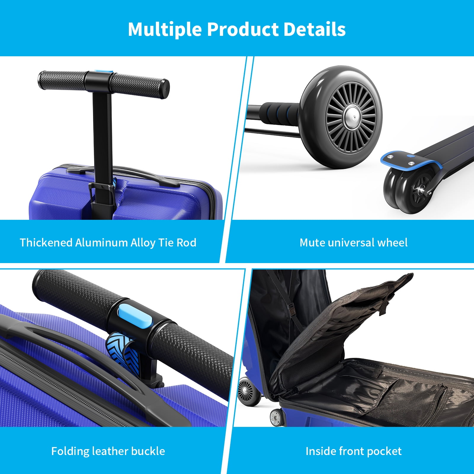 TABU Scooter Luggage for Kids & Adults, Carry on Luggage with Wheels for Kids Ages 6-15,Blue