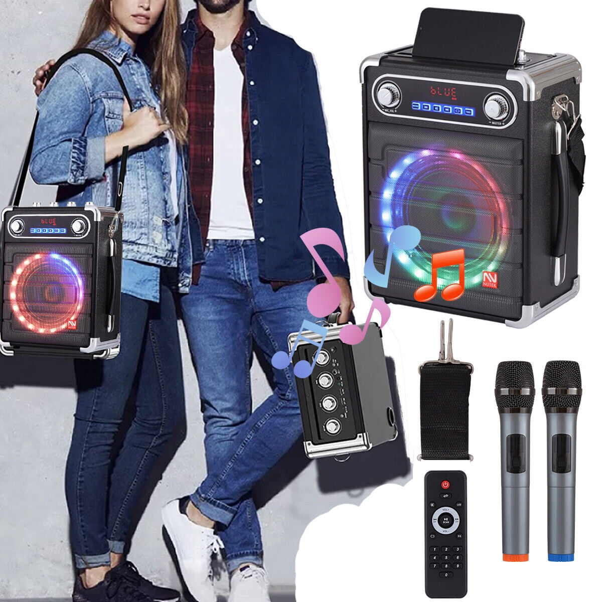 Lohoms Bluetooth Speaker Portable Karaoke Machine PA System 6.5" Woofer with 2 Wireless Microphones Remote LED Lights