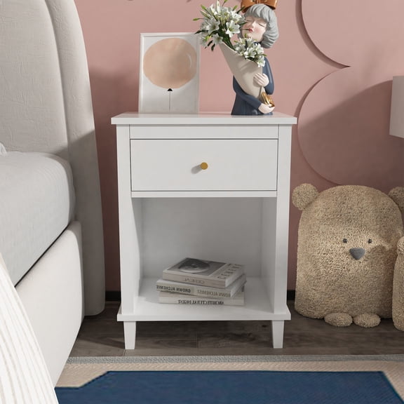 White Nightstand with Drawer and Shelf for and Adults, 26.8 Inch Tall Wooden Bedside Table with Gold Handle, Space Saving Storage for Small Bedroom