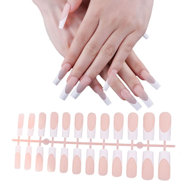 24 uñas postizas estilo francés, uñas postizas largas, rosas y blancas, para mujeres y niñas