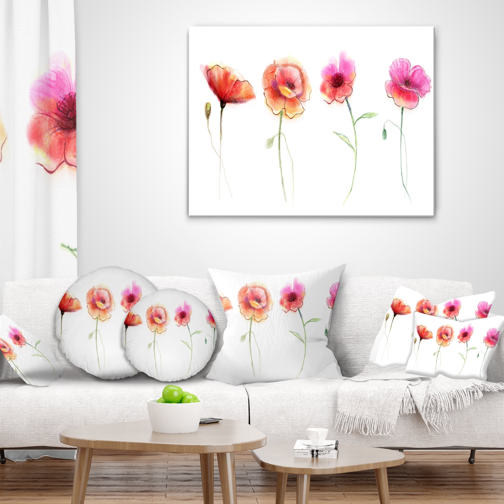 Designart Watercolor Poppy Flowers Sketch - Flower Throw Pillow - 16x16