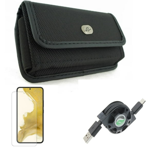 Matte Screen Protector & USB Cable & Case Belt Clip for Samsung Galaxy S22 (6.1") - TPU Film Anti-Glare & Retractable Type-C & Rugged Holster Accessory Bundle