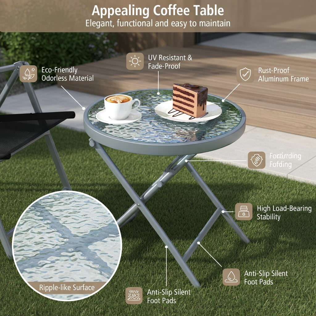 Hommoo 3-Piece Folding Outdoor Patio Chair Set with Tempered Glass Coffee Table, Metal Conversation Set for Backyard, Poolside & Balcony, Black