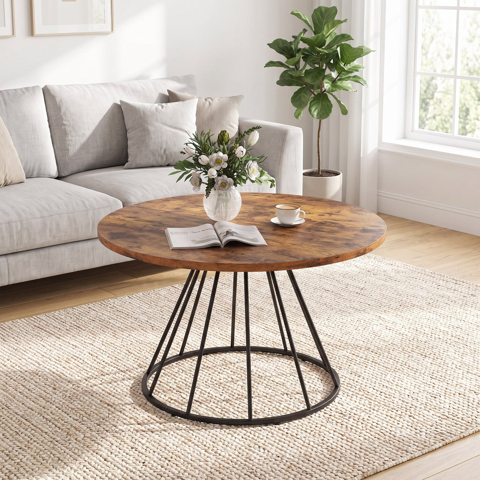 Furnibear 47 Inch Round Farmhouse Dining Table for 4 with Brown Wooden Tabletop