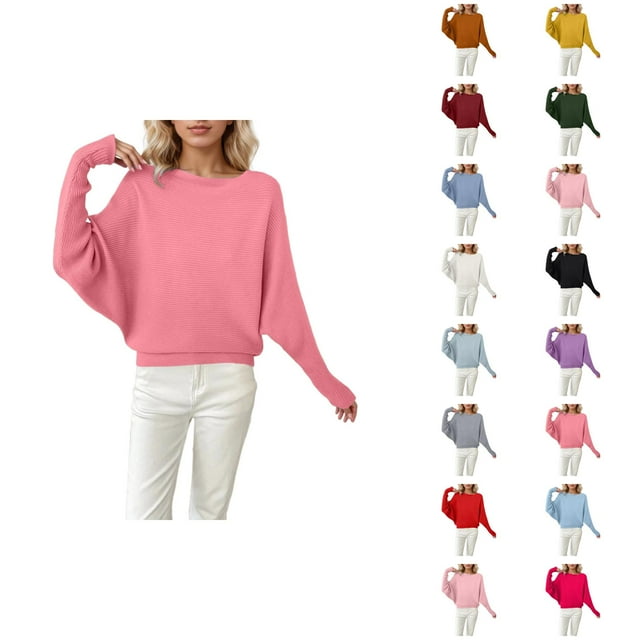 Chandails Surdimensionnés pour Femmes 2026 Automne Hiver Décontracté Manches Chauve-Souris Col Rond Chandail Tricoté