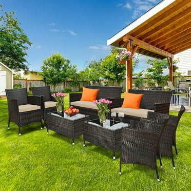 Gymax 8PCS Patio Rattan Conversation Furniture Set Outdoor w/ Brown Cushion