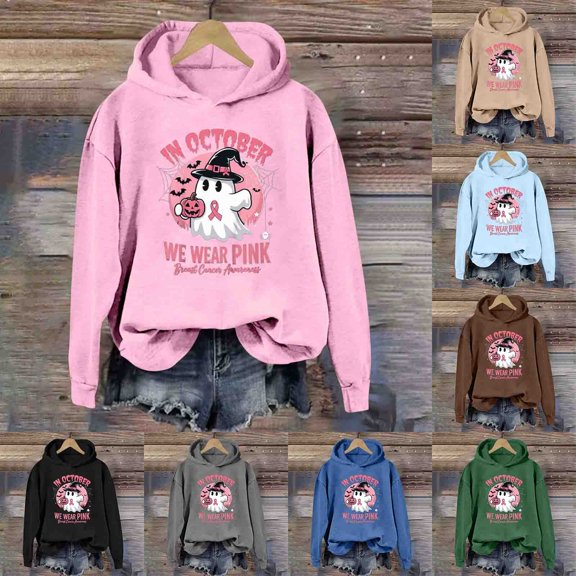 KHONTS In October We Wear Pink Sweatshirt Cancer Awareness Hoodie Halloween Cute Ghost Pumpkin Graphic Pullover Tops Pink XL