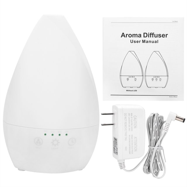 difusor de aroma de aceite esencial, aromaterapia multifuncional luz nocturna de aceite esencial difusor de aromaterapia multifuncional rendimiento de alta gama blanco, vista frontal centrada en forma de gota con botones táctiles y cuatro indicadores LED, cuerpo de plástico PP mate, incluye adaptador de corriente y manual, ofrece nebulización continua o intermitente y luz fija o 7 colores cambiantes; también suele usarse como humidificador personal para habitaciones pequeñas.