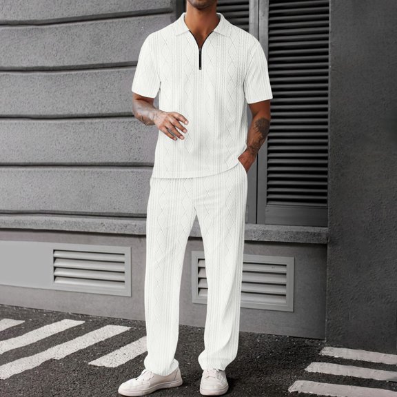 Ceisia Men Textured Half Zip Polo Short Sleeve Shirt & Elastic Waist Straight Pants Casual Two Piece Outfit White XXL Gift