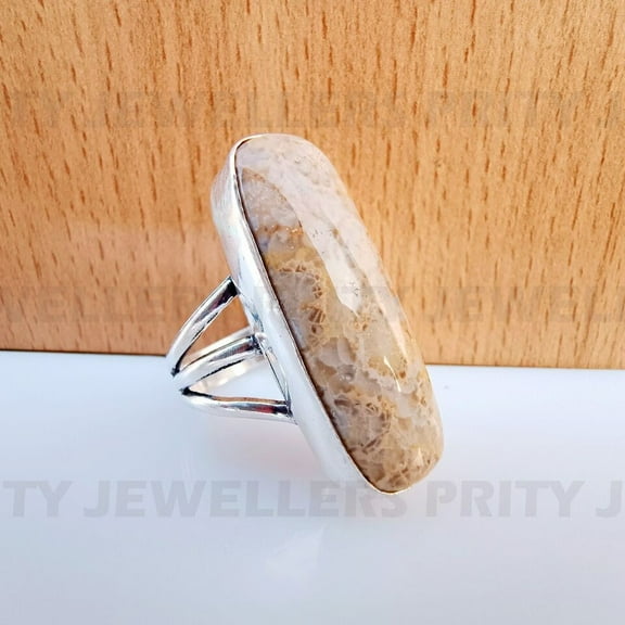 Natural Indonesian Fossil Coral 925 Sterling Silver Ring, Gemstone Unisex Ring