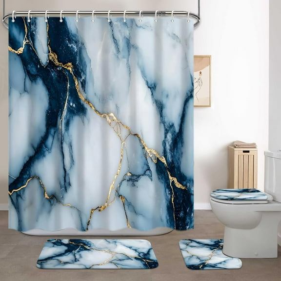 4Pcs Marble Bathroom Sets with Shower Curtain and Rugs,Navy Blue Gold Marble Modern Art Bathroom Shower Curtain Sets with Rugs and Accessories