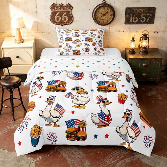 Manfei Funny US Flag Duck Twin Comforter Sets, Fast Food Bedding Set, Red White Blue, Polka Dots Reversible 2 Pieces, 1 Comforter and 1 Pillowcase