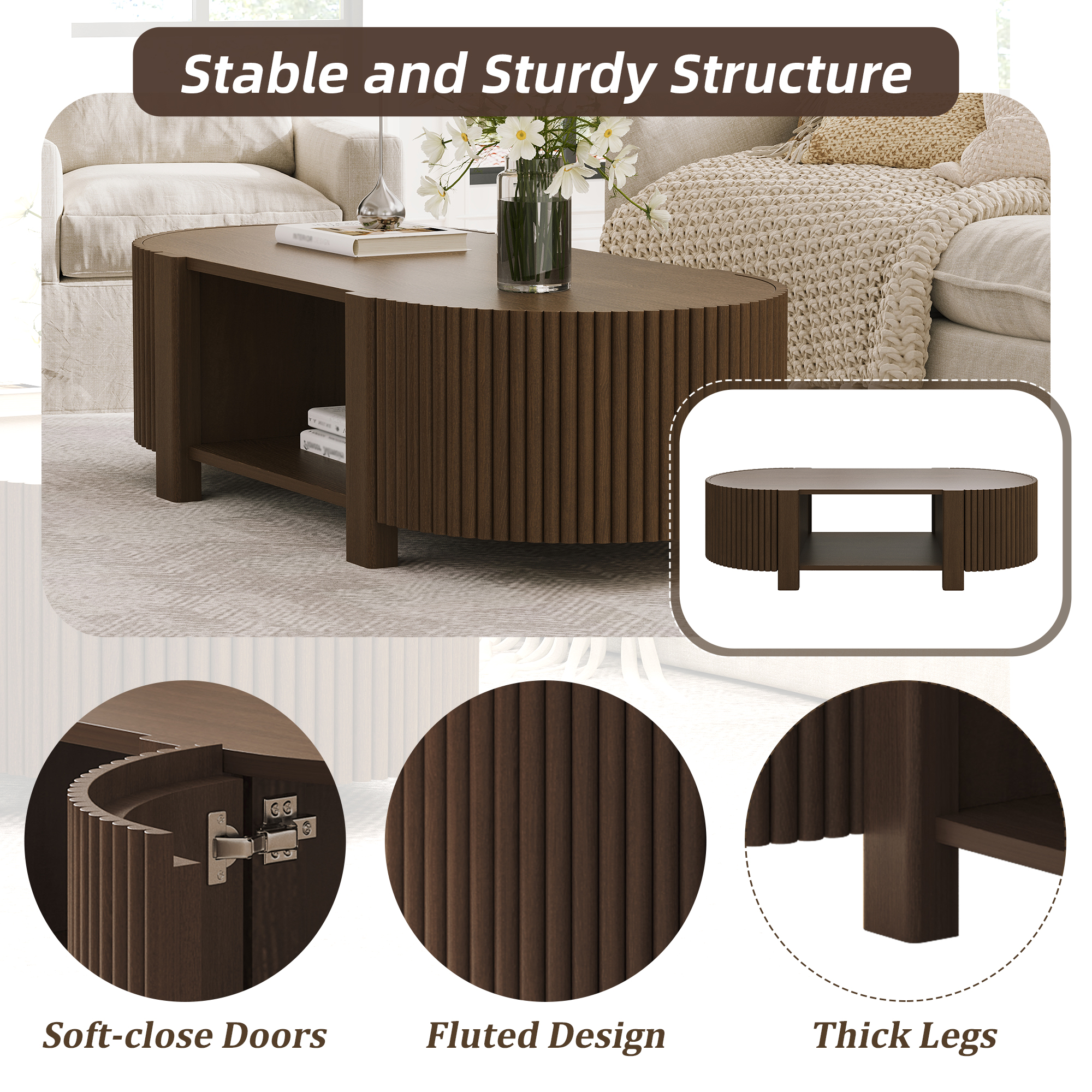 Euroco Oval Fluted Coffee Table with Storage for Living Room, 1 shelf & 2 Open Storage Doors, Walnut, 47"