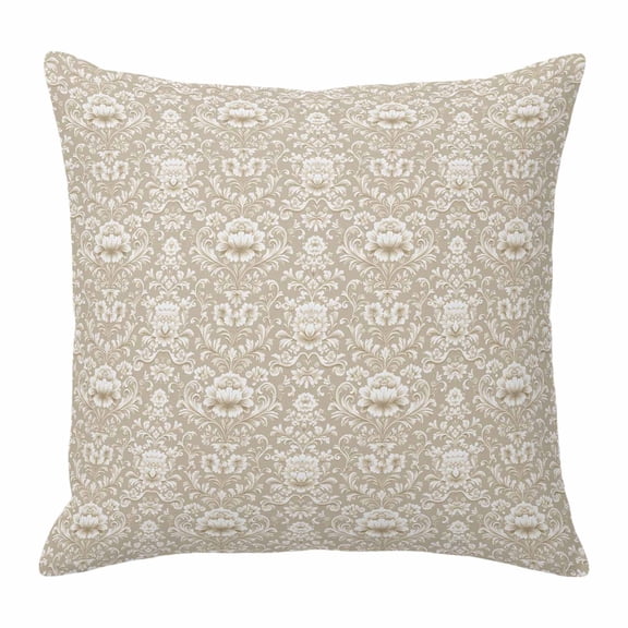Pillow Covers 16x16 Inch, Beige Damask Linen Pillowcase with Invisible Zipper, Vintage Country Scroll Floral Patterned Decorative Throw Pillow Covers Cushion Case for Couch Sofa Bed Living Room
