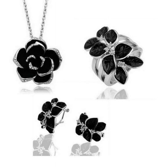 Cross-Border Jewelry Set - Black Rose and Camellia Flower Earrings, Necklace, and Ring Set