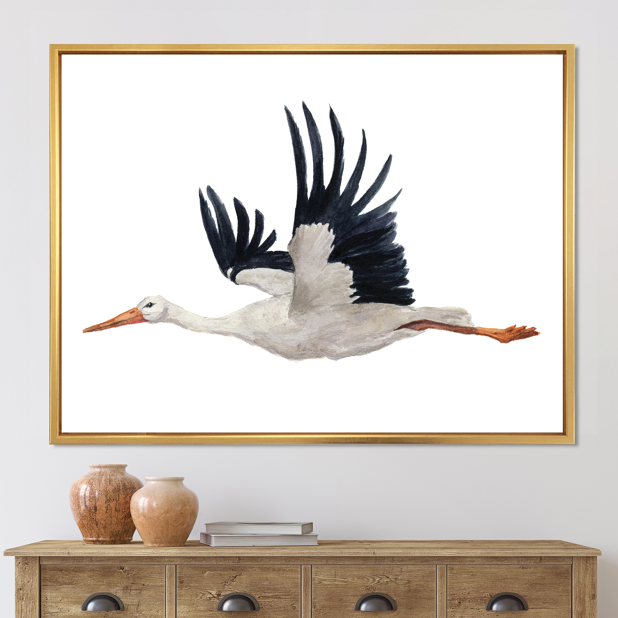 Designart 'White Stork Ciconia Flying Bird ' Traditional Framed Canvas Wall Art Print