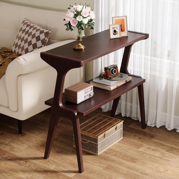 Tribesigns Wood Side Table, 2-Tier Narrow Tall End Table with Storage Shelves, Nightstands for Bedroom, Living Room, Burgundy