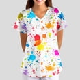 thumbnail image 2 of OIOLOYJM Scrub Tops for Women Casual V-Neck Short-Sleeve Cute Print Scrubs Breathable Work T Shirts Durable Clothing with 2 Pockets White S, 2 of 5