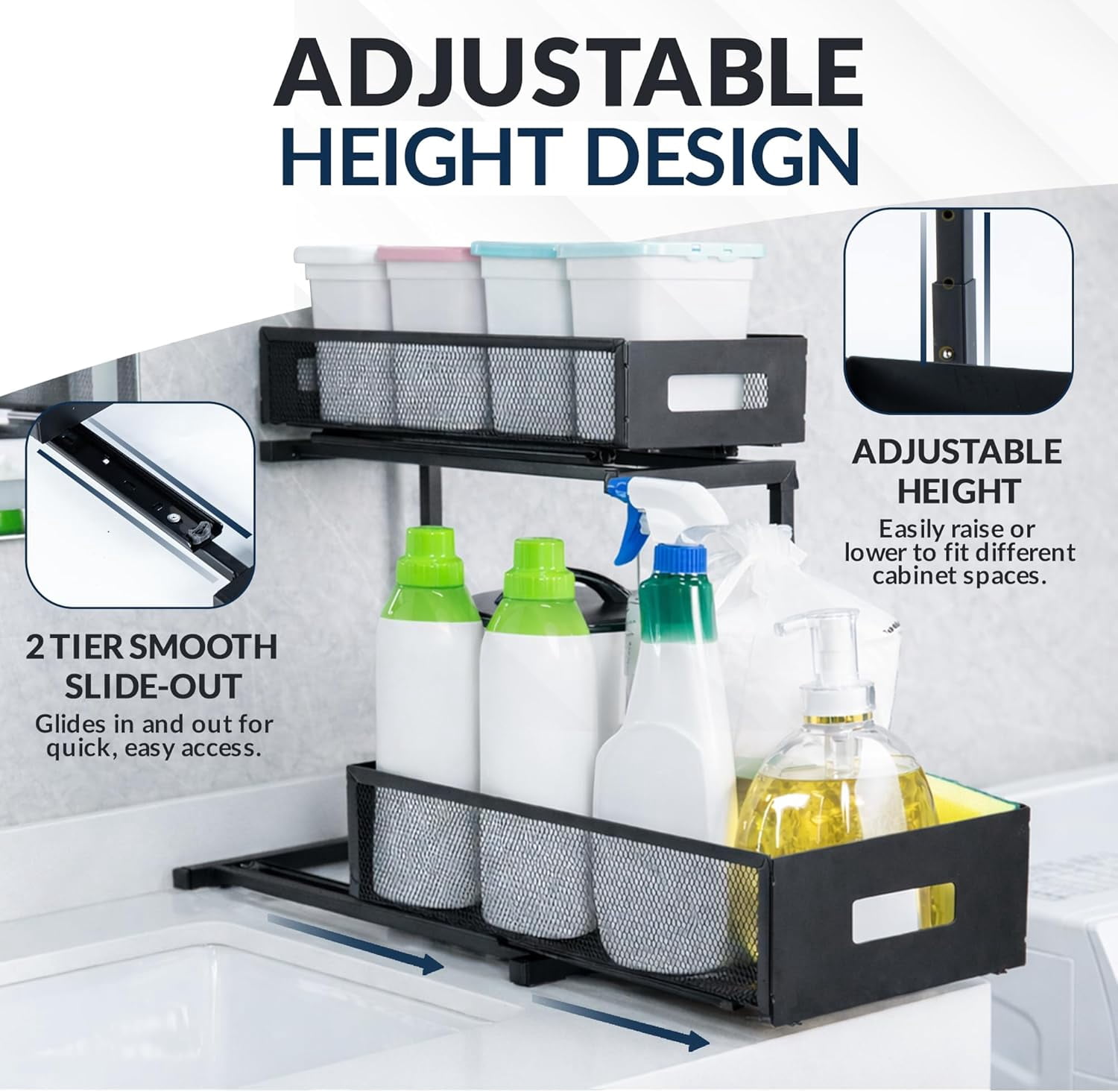 Heavy Duty Matte Black Metal Under Sink Organizer Set of 2 with Retractable Shelves, Adjustable Height, Expandable Storage for Kitchen Bathroom and Laundry Room