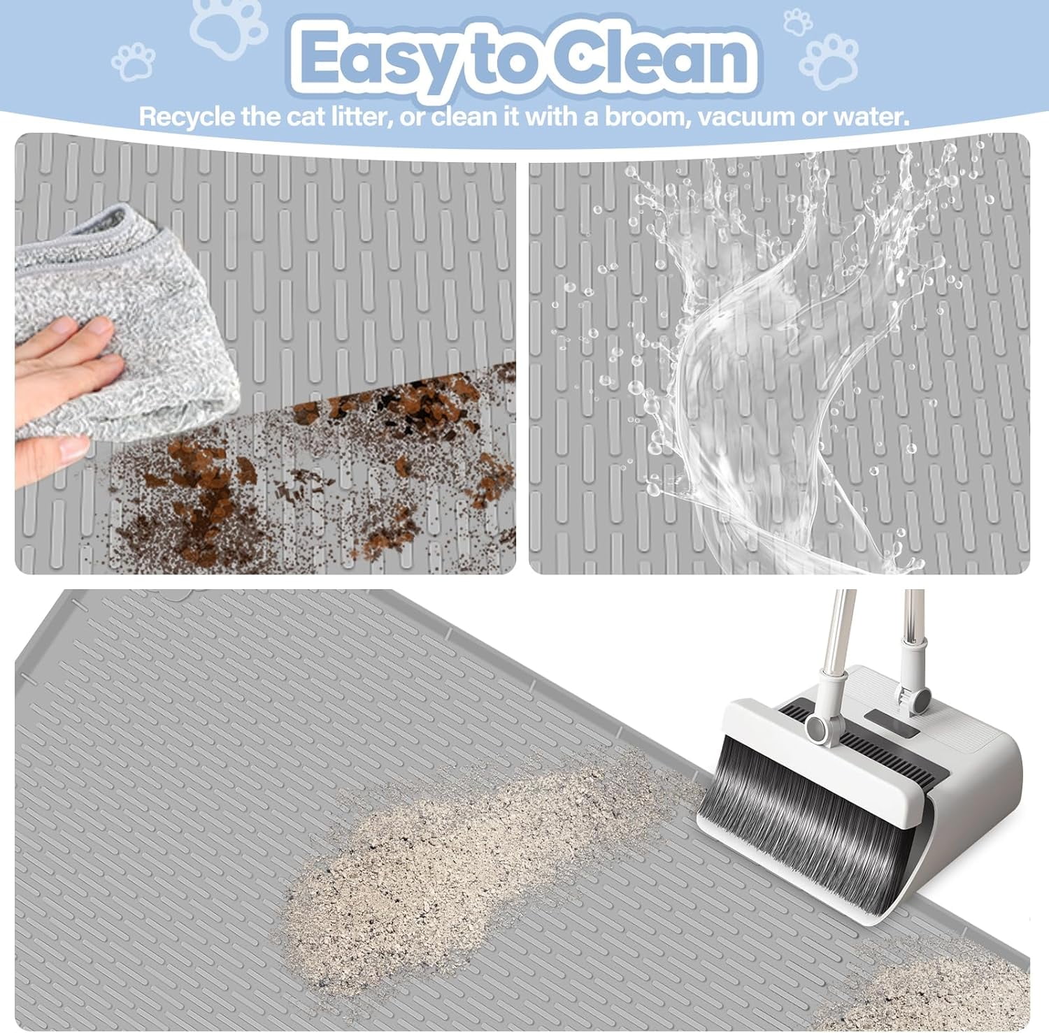 Kalolary Cat Litter Mat, Extra Large 40" x 28" Silicone Mat Litter Trapping Mat for Scatter Control, Soft on Kitty Paws, Easy to Clean (Gray)
