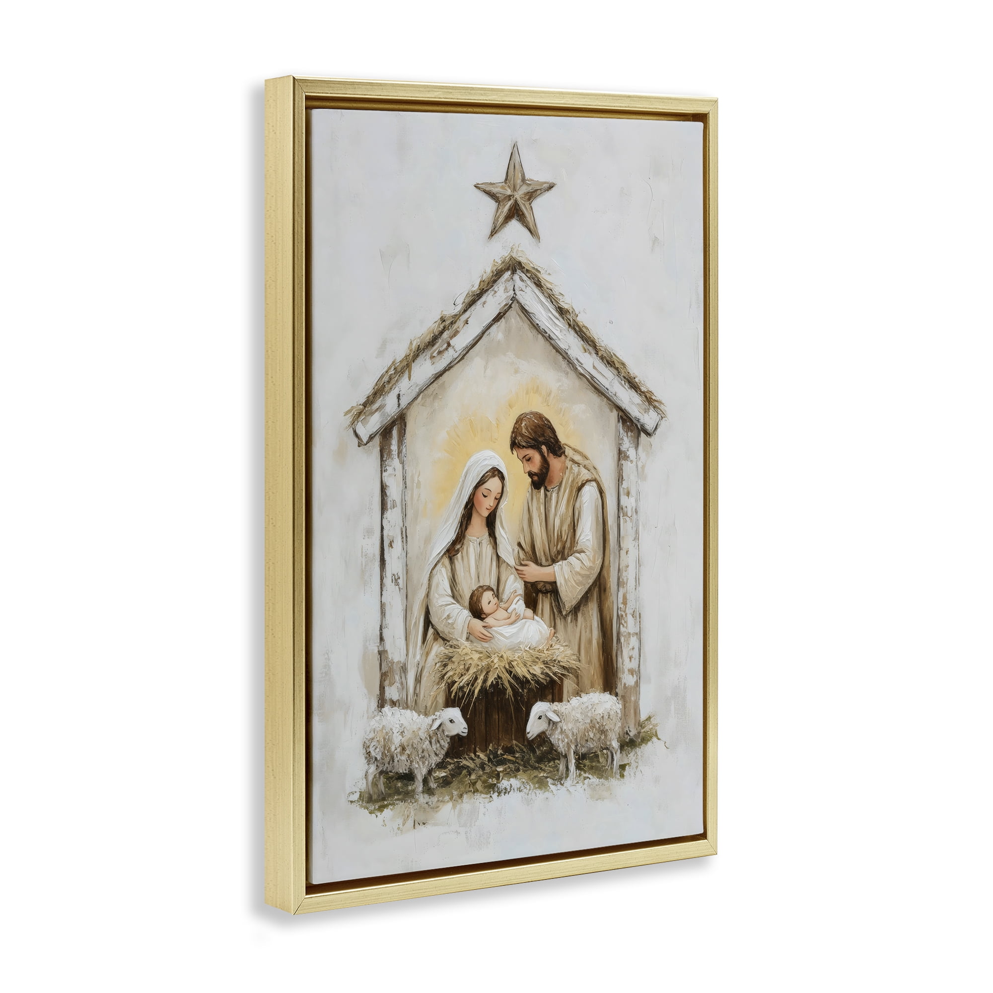 Little Lambs & Nativity Gold Framed Floater Canvas Wall Art, design by Petal Prints Design