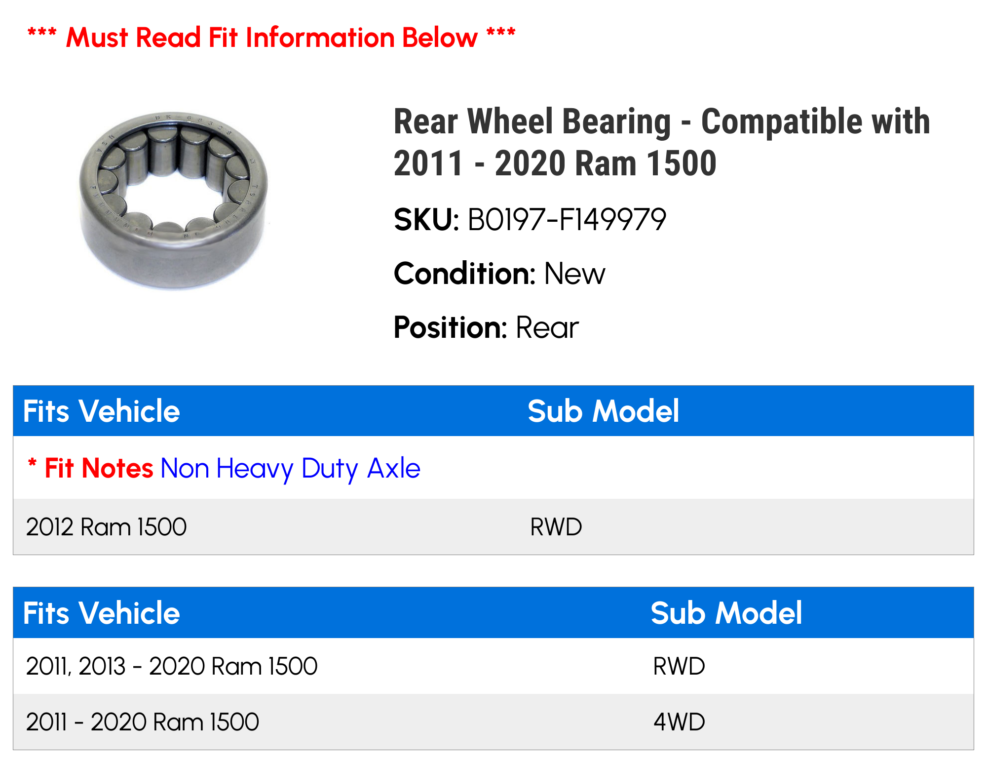 Timken Rear Wheel Bearing For Ram 1500 (2011-2018) - Part #88356RS