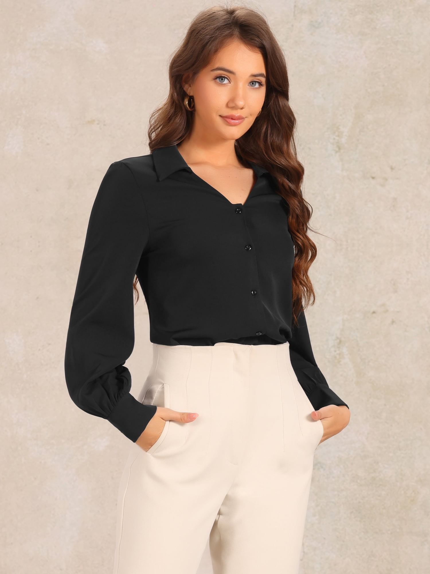 DARING DIVA Women's Collar Button Down V Neck Blouse Top Shirt M Black
