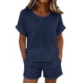 thumbnail image 2 of Gamivast 2 Piece Summer Outfits for Women Casual Linen Textured Short Sleeve Top and Drawstring Shorts Set Loose Fit Matching Lounge Sweatsuits Vacation Streetwear Pajamas Navy XXXL, 2 of 7