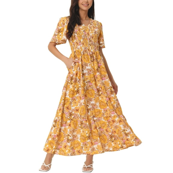 INSPIRE CHIC Women's Summer Casual V Neck Floral Flutter Short Sleeves Smocked Flowy with Pockets Maxi Dresses S Yellow