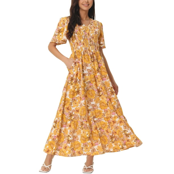 Vestido Maxi de Mujer Inspire Chic con Escote en V, Mangas de Volante, Capa de Volantes, Casual, Largo, Naranja Amarillo, XL