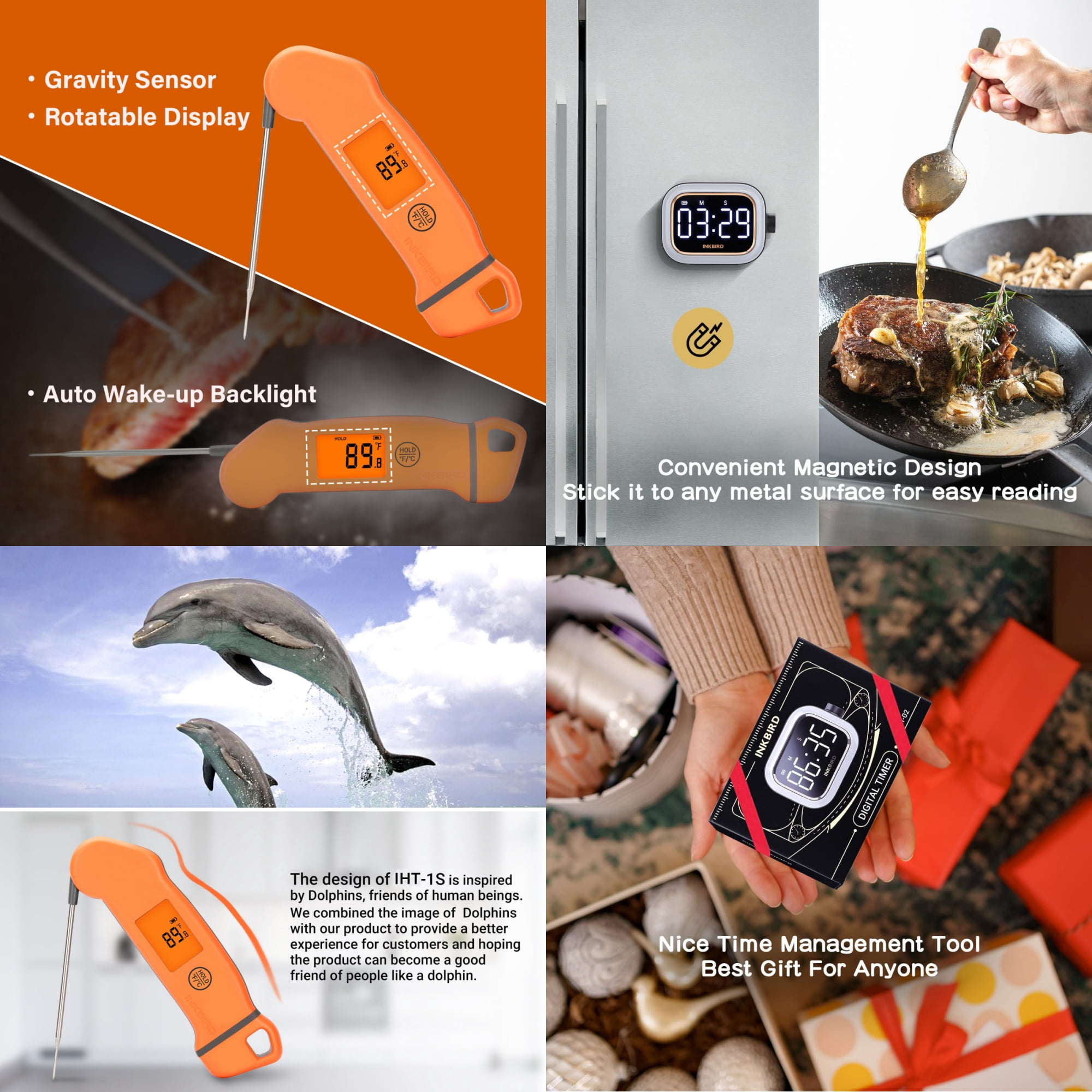 Inkbird IP67 Instant Read Thermometer + Rechargeable Kitchen Timer, Fast Reading & Adjustable Alarm for Home Cooking