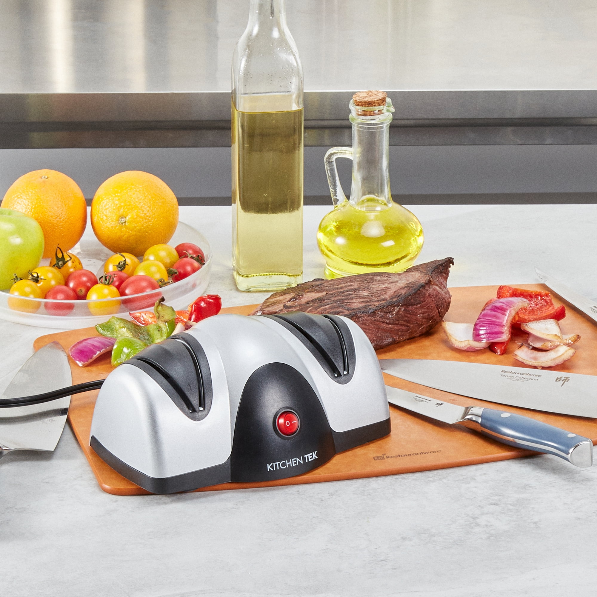 Restaurantware-Kitchen Tek 2-Stage Electric Knife Sharpener, 1 Straight-Edge Knife Sharpener With Sapphirite Grinding Wheel - 120 V, Quick Sharpening, Black Plastic, For Kitchen Knives